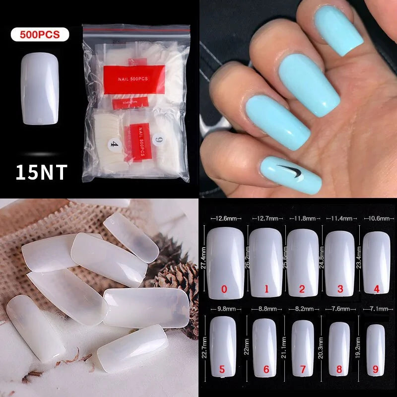 Natural Clear False Acrylic Nail Tips - Full/Half Cover Tips - 500pcs