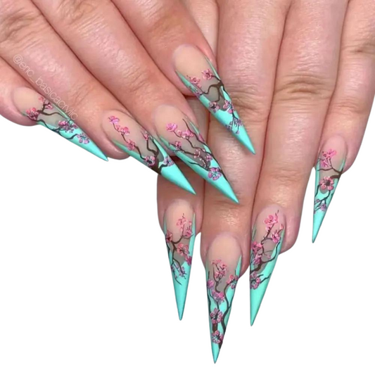 24 PCS False Nail Tips - Stylish stiletto nails with Flower Tree and Leopard print designs