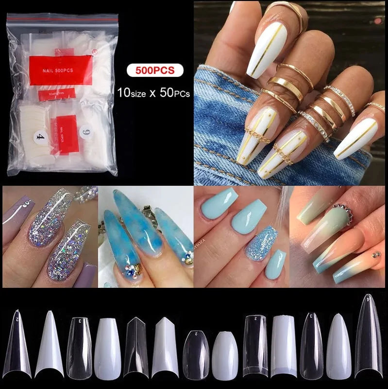 Natural Clear False Acrylic Nail Tips - Full/Half Cover Tips - 500pcs