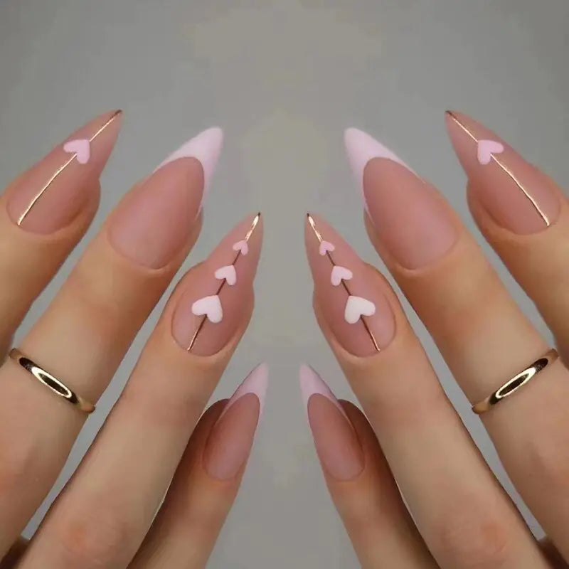 3D French Almond Heart Nails - 24PCS